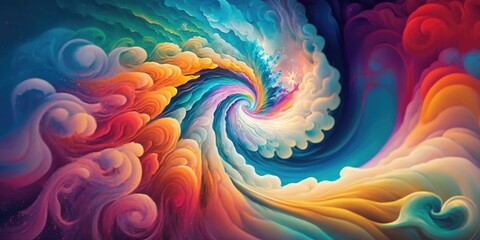 Turbulent ocean waves vortex, surreal whirlpool swirl. sea foam, unreal rainbow colors, gale force surf, portal rift pattern - Generative AI illustration