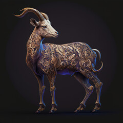goat, mountain goat, horn, rounded, aesthetic, ornaments, chinese zodiac, zodiac, wood, wooden, wood style,, brown, portrait, in action, generative ai