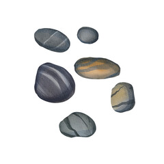 A set of sea stones of different sizes isolated on a white background. Watercolor illustration of gray, striped stones. The underwater bottom. Aquarium decoration. Suitable for labels, design, pack