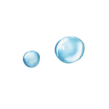 Two light blue bubbles isolated on a white background. Watercolor illustration of a bubble in water. A round transparent ball of air. Suitable for soap, shampoo, cosmetics, postcards, pack, design.