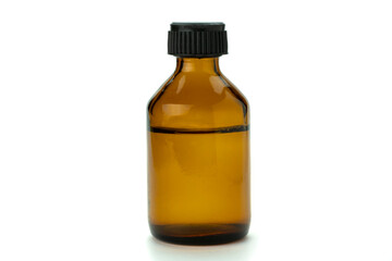 Brown glass medical bottle with liquid and black plastic cap