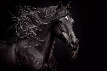 Fototapeta na wymiar beautiful black horse on a dark background - generative ai