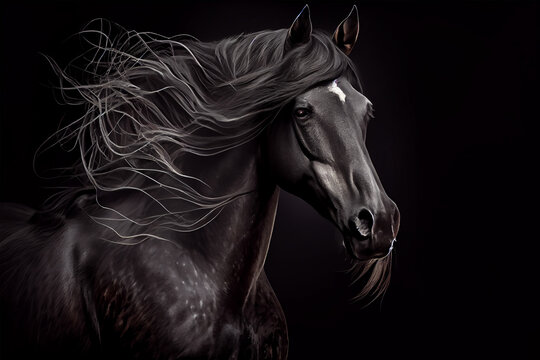 beautiful black horse on a dark background - generative ai