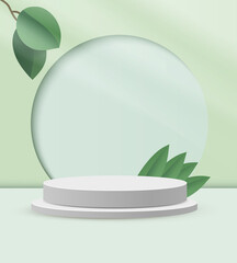 Abstract white round corner pedestal podium, green empty room with green leaf. Product display presentation.