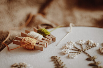 satin stitch embroidery. Hoop with white cotton fabric and threads