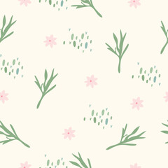 Fototapeta na wymiar Minimalist seamless pattern with flowers and leaves. Bright, botanical pattern perfect for paper, cover, wallpaper, fabric, posters. Vector graphics.