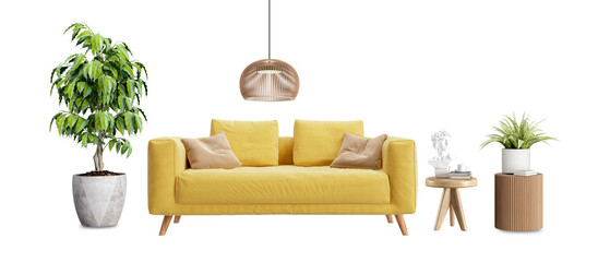Living room interior has sofa in 3d rendering. Front view of sofa and plant in 3d rendering - obrazy, fototapety, plakaty