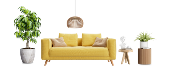 Living room interior has sofa in 3d rendering. Front view of sofa and plant in 3d rendering