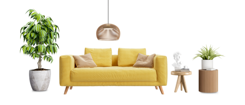 Living room interior has sofa in 3d rendering. Front view of sofa and plant in 3d rendering