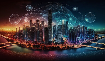 Fototapeta na wymiar Colourful Smart city and connection technology concept, illustration of big data. Generative AI.