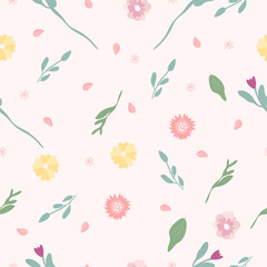 Obraz na płótnie Canvas Minimalist floral seamless pattern. Bright flowers and green leaves. Spring bloom and luxury. The pattern can be used as a textile, fabric, wallpaper, banner, etc. Vector