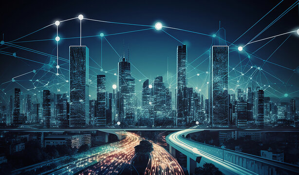 Smart city and connection technology concept, illustration of big data. Generative AI.