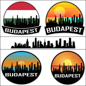 Budapest Skyline Silhouette Hungary Flag Travel Souvenir Sticker Sunset Background Vector Illustration SVG EPS AI