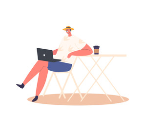 Man Working On Laptop While Enjoying A Cup Of Coffee In Street Cafe. Freelancer Male Character Remote Work Concept