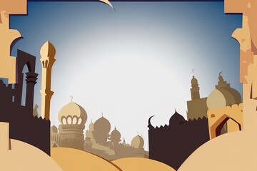 Cartoon ramadan kareem template with mosque, muslim buildings with empty space.