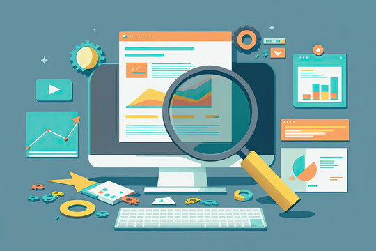 Cartoon style seo website traffic analysis, digital marketing online business graph, data, chart monitoring concept. Generative ai.