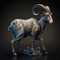 goat, mountain goat, horn, rounded, aesthetic, ornaments, chinese zodiac, zodiac, wood, wooden, wood style,, brown, portrait, in action, generative ai