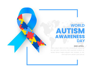 World autism awareness day banner with puzzle ribbon and world map design template. World autism day social media post banner. colorful puzzle vector banner. Symbol of autism. World autism day