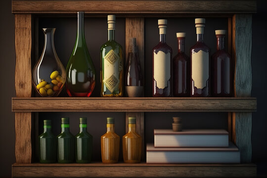 bottles on a wodden shelf