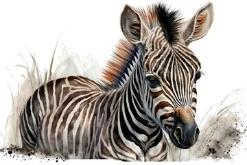 A cute baby zebra is drawn by hand in watercolor to make a beautiful animal portrait. Stock illustration. Generative AI