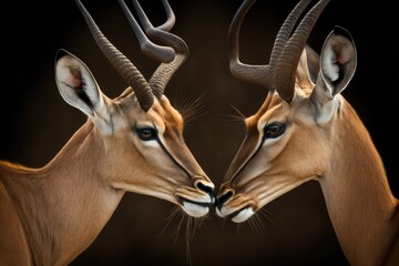 Love from an impala ( Aepyceros melampus ) During the rutting season, two male impalas have a private moment together. Both good and bad. Generative AI - obrazy, fototapety, plakaty