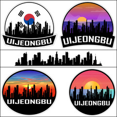 Uijeongbu Skyline Silhouette South Korea Flag Travel Souvenir Sticker Sunset Background Vector Illustration SVG EPS AI
