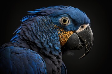 Obraz premium Detail of a portrait of the Hyacinth Macaw (Anodorhynchus hyacinthinus) on a black background. Generative AI
