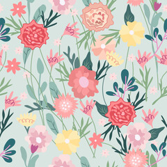 Seamless pattern with bright flowers, green leaves. Botanical pattern perfect for paper, cover, wallpaper, fabric, poster. Vector graphics.