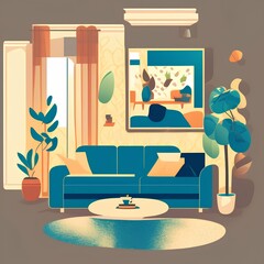 Vector illustration of a sofa in a flat style, an element of the room's decors - generative ai