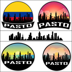 Pasto Skyline Silhouette Colombia Flag Travel Souvenir Sticker Sunset Background Vector Illustration SVG EPS AI