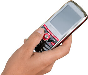 Hand showing mobile phone isolated on white