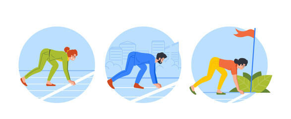 Fototapeta premium Business Competition Isolated Round Icons Or Avatars. Business Men And Women Stand In Low Start Posture Prepare To Race