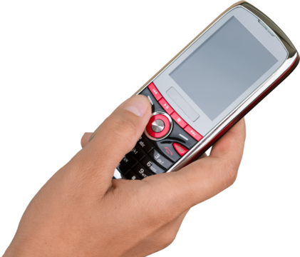 Hand showing mobile phone isolated on white