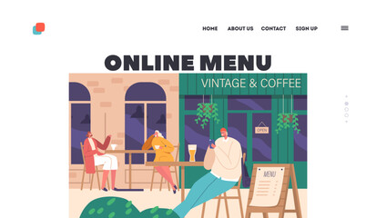 Online Menu Landing Page Template. Bustling Street Cafe Is Filled With People Sipping Coffee, Chatting With Friends