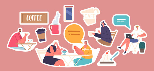 Set of Stickers Characters Sitting, Chatting And Enjoying Coffee In Cozy Street Cafe. Ambiance And Social Atmosphere