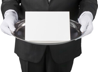 Waiter or butler wearing a tuxedo holding a note card on a silver tray in front of his torso. Man is unrecognizable over background.