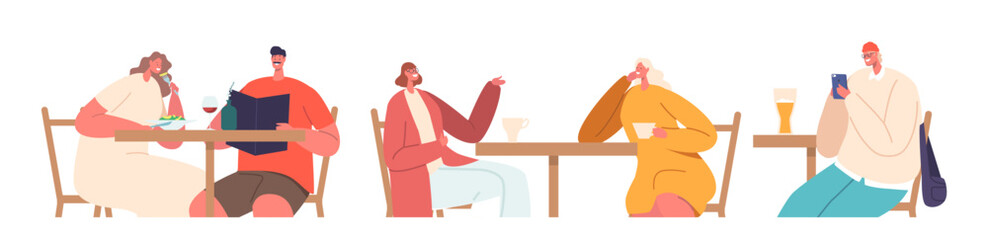 Crowd Of People Chatting And Dining Outdoors In Street Cafe Setting. Male and Female Characters Sitting at Tables