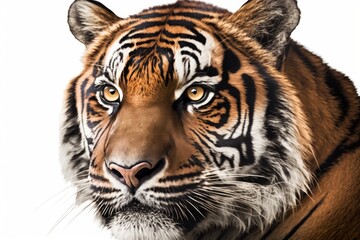 Close up of the head of a staring tiger, isolated on white. Generative AI