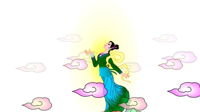 cartoon angel lady flying effect, clouds, 2d animation background and 4k resolution