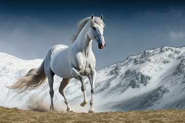 Fototapeta na wymiar White horse in the meadow, background of the Alpine mountains. Generative AI