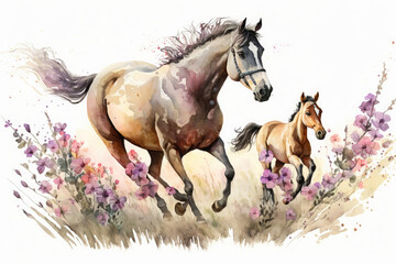 Beautiful horse with a small foal in the meadow, watercolor illustration. Generative AI
