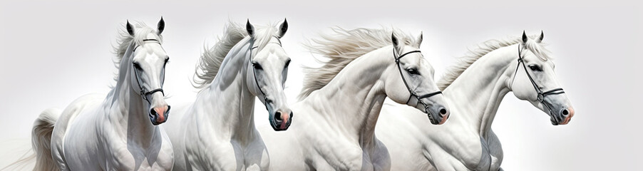 A flock of white Arabian running horses on a white background. Generative AI