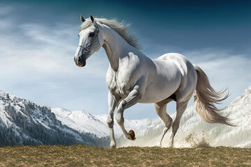 Obraz na płótnie Canvas A beautiful white horse stands in a meadow against the backdrop of the Alpine mountains. Generative AI