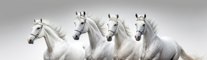 A flock of white beautiful horses on a white background. Generative AI