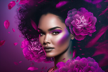 Naklejka premium Beautiful fictitious woman on viva magenta background with flowers. AI generated image