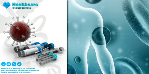 3d rendering Virus bacteria cells with syringe near blood sample bottle