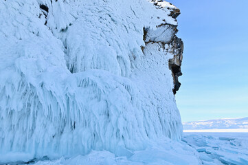 Ice Splashes on Rock Cliffs During Winter at Lake Baikal