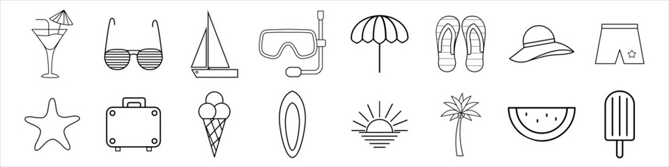 Summer icon vector set. Beach illustration sign collection. Vacation symbol or logo.