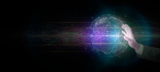 Businessman hand touching of digital data network transformation for next-generation technology on...