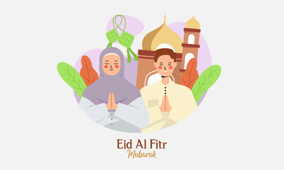 Obraz na płótnie Canvas Happy Muslim People Celebrate Eid Al-Fitr Mubarak Illustration